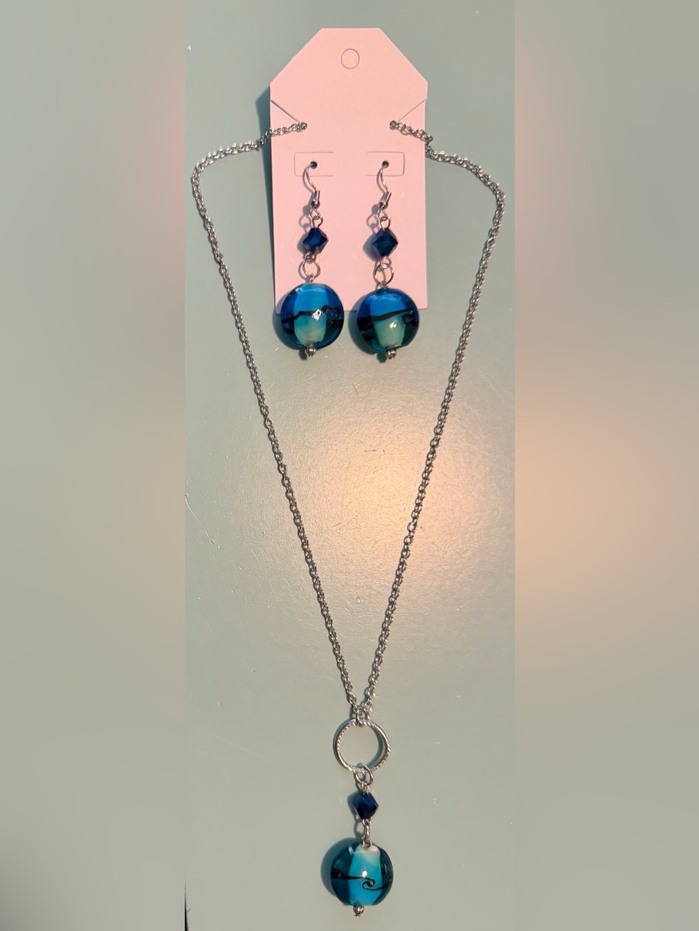 Silver Necklace & Earring Set with Blue & Green Glass Pendants & Beaded Accents